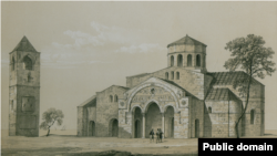«Вигляд на собор Святої Софії з південного сходу, Трапезунд», 1864 р. Цей собор, збудований у ХІІІ столітті, зберігся досі і дає уявлення про те, як могли виглядати кримські храми в пізньовізантійську епоху