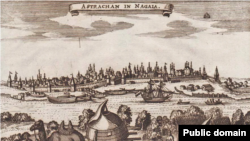 Вигляд Астрахані з мемуарів Адама Олеарія про подорож на Схід у 1636 (Шлезвіг, 1647)