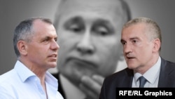 Сергей Аксенов и Владимир Константинов на фоне Путина. Коллаж