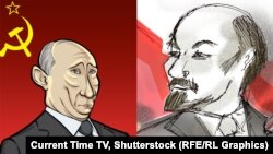 Путин мен Лениннің карикатуралық суреттері. 