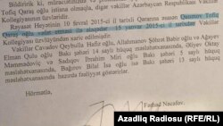 Vəkillər Kollegiyasının cavabı. Tofiq Qasımov protokol tərtib olunmamışdan yarım il əvvəl ölüb.